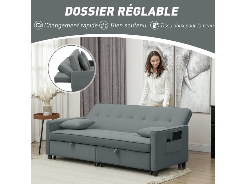  Canapé convertible 3 places canapé-lit clic-clac réversible avec dossier réglable et coussins, gris, 196 x 90 x 89 cm  - Conforama R
