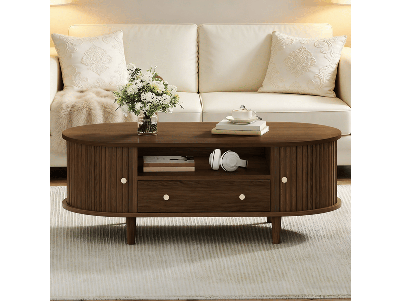  Table basse ovale avec 1 tiroir, niche ouverte et porte coulissante pour salon en mdf couleur bois de noyer  - Conforama D