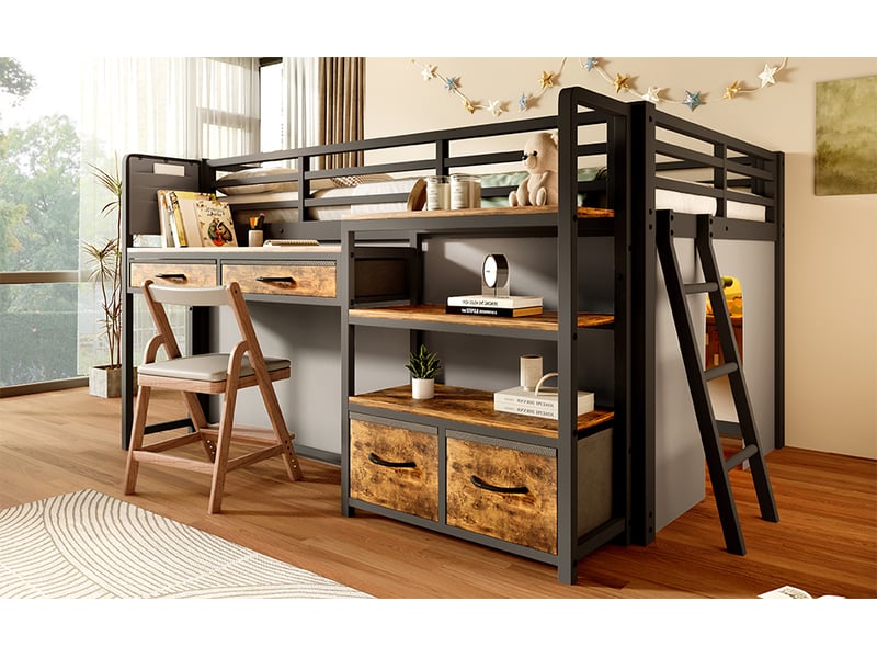  Lit superposé 140x200 cm noir métal avec bureau rangements tiroirs tissu rideau étagères led Sol Morn - Conforama E