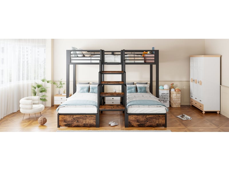  Lit superposé enfant 3 places 90×200 cm escalier, 2 tiroirs et barrières  - sans matelas métal noir  - Conforama E