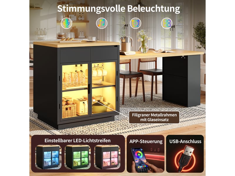  Îlot de cuisine extensible 122-194,5x70x94 cm noir avec rangement, 2 tiroirs, vitrines en verre, led et espace repas Morn Vibe - Conforama E
