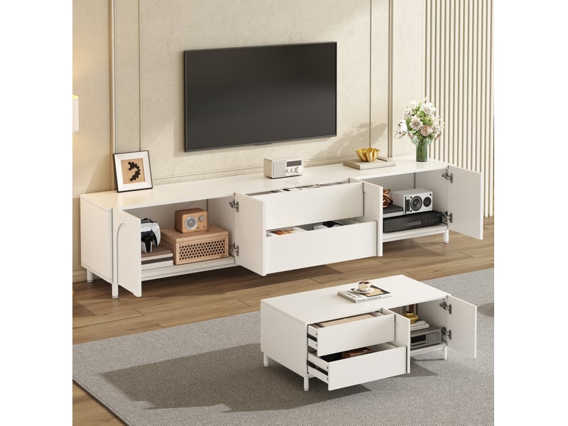 Meuble tv 4 portes et 2 tiroirs, table basse assortie avec 2 portes et 2 tiroirs, rangement fermé blanc pour salon - Conforama D