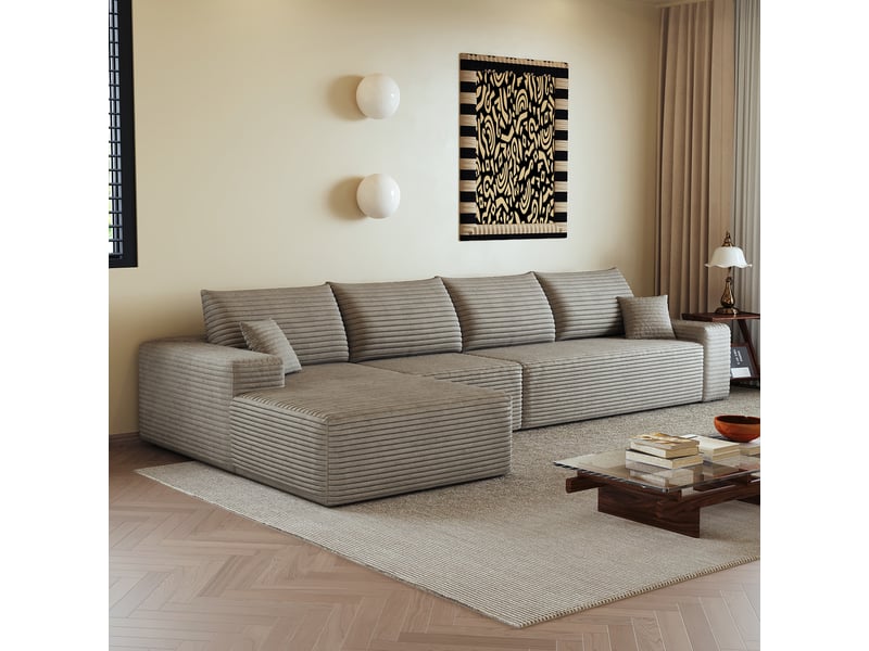 Canapé d'angle modulable 340 cm 4 places velours côtelé avec méridienne en l camel - aucun assemblage requis - Conforama E