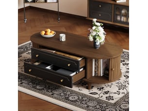 Table basse 100 x 50 x 36 cm, 2 tiroirs, 2 portes à volet, 6 poignées métal, panneau de particules, noir et noyer