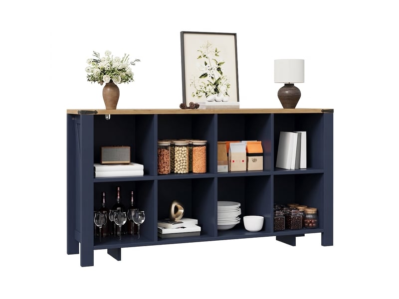 Buffet de cuisine 140 cm à 8 casiers en mdf bleu, meuble de rangement horizontal  - Conforama A