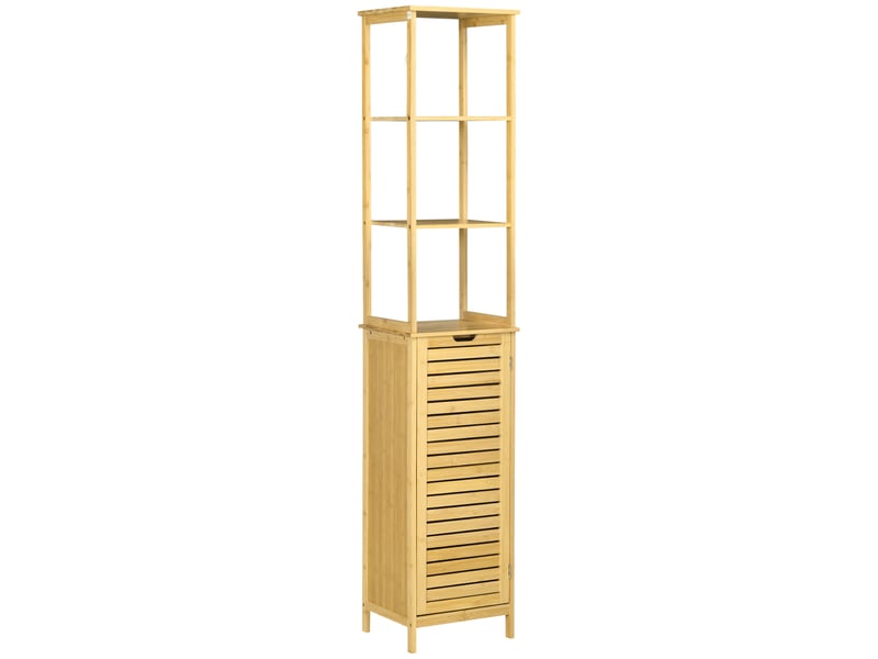 Armoire de salle de bain haute en bambou naturel, avec 3 étagères et 1 porte, colonne de rangement, 34 x 30 x 173 cm  - Conforama A
