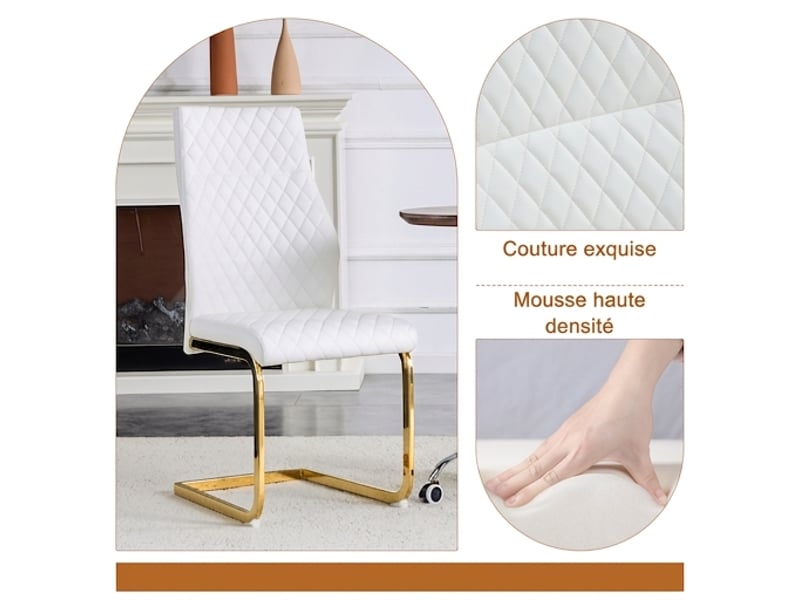  Ensemble table ronde ø85 cm et 2 chaises, verre trempé, pieds dorés et assises blanches  - Conforama D