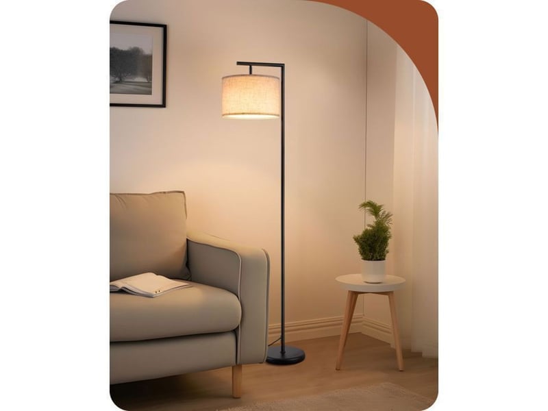  Lampadaire arc rotatif noir avec abat-jour en lin beige réglable 180° - 160 cm h - interrupteur au pied - ampoule led e27 2700k incluse 370618_AAAYE92622_6_DROPFR - Conforama A