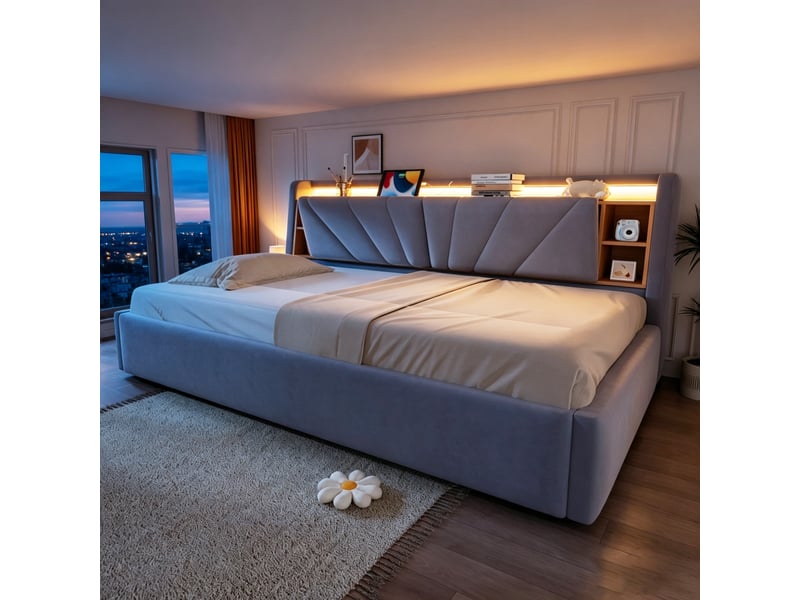  Lit coffre rembourré 90 x 200 cm – avec étagères – avec compartiments de rangement – ​​avec éclairage led et port usb – gris clair (matelas non inclus)  - Conforama B