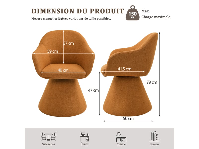  Chaise de salle à manger pivotante 360° design cocon – goeurvant, tissu effet lin, rembourré, orange  - Conforama C