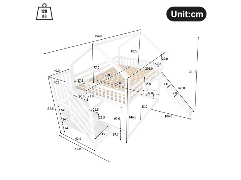  Lit superposé enfant 140x200 avec escalier de rangement et toboggan evryae  - Conforama E