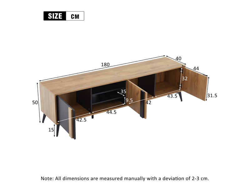 Meuble tv - campagne 180cm - compatible 85 pouces - 3 portes - gestion câbles - pieds réglables - Conforama R