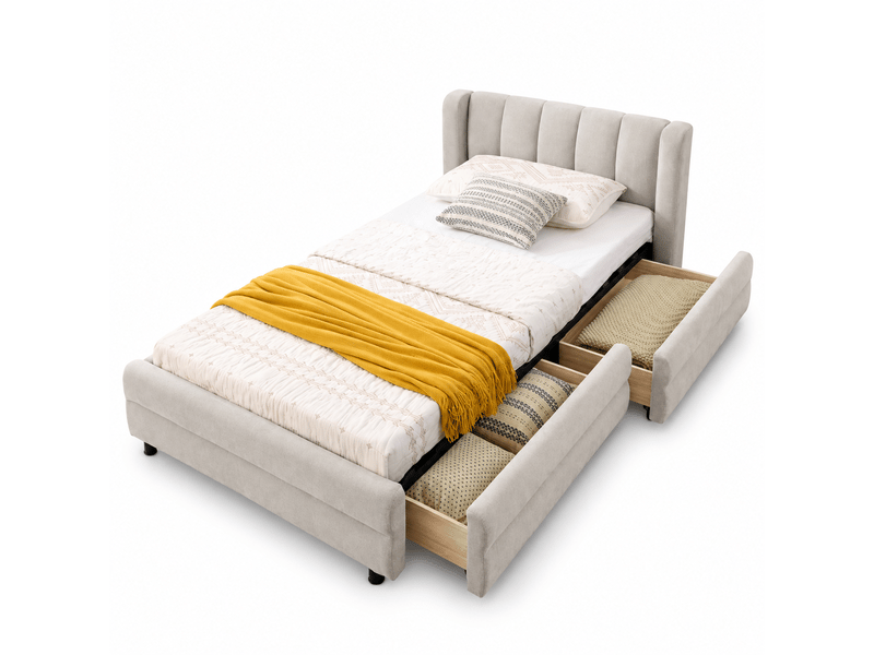  Lit enfant 90x200 cm avec tiroirs de rangement et port usb-tête de lit rembourrée en chenille-sommier à lattes-beige  - Conforama A