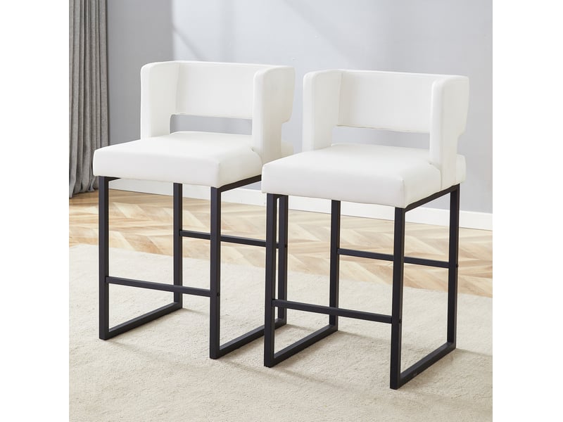 Lot de 2 tabourets de bar 53x48x91 cm, pieds métalliques noirs, pu blanc, chaises hautes, assise carrée, meuble cuisine  - Conforama B