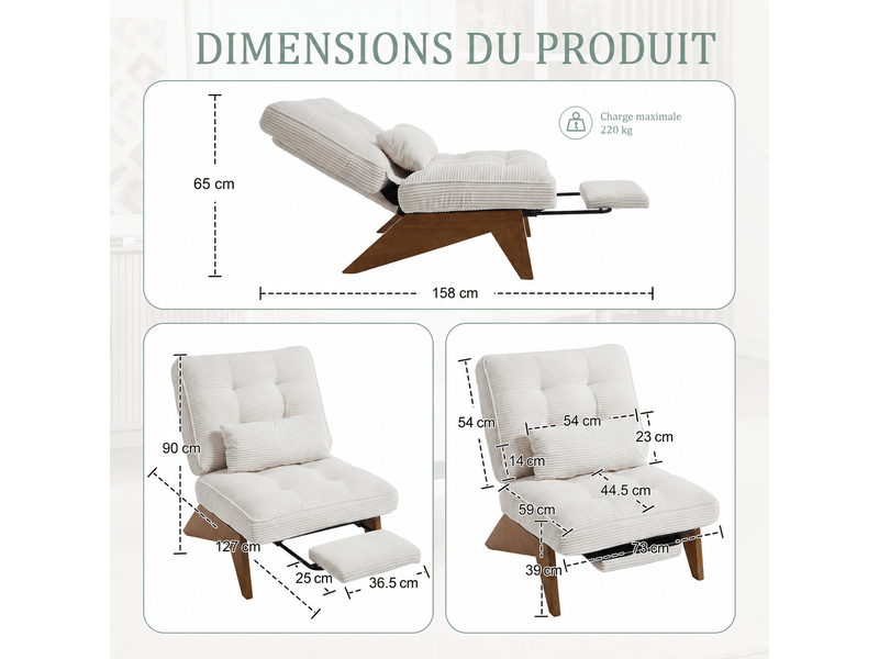  Fauteuil de relaxation réglable avec repose-pieds en velours côtelé beige Fay Lum - Conforama C