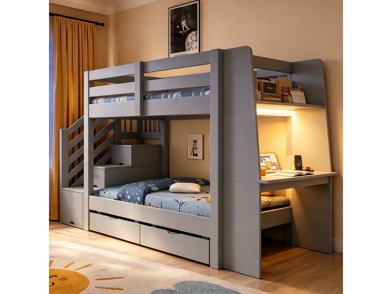 Lit superposé enfant en bois 90x200 cm avec bureau, escalier avec rangements, tiroirs, led et prise électrique, pour adolescent - gris - Conforama B