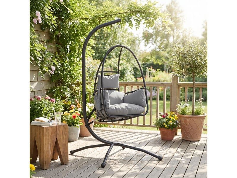 Fauteuil suspendu œuf avec support panier pliable, coussin appui-tête, poche latérale, capacité de charge 120 kg, gris foncé - Conforama B