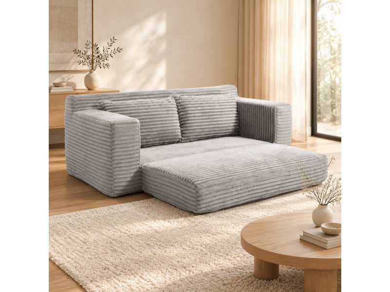  Canapé-lit deux places modenvie convertible 2-en-1, mousse à mémoire de forme, revêtement en velours côtelé, 132 x 85 x 62 cm, gris clair  - Conforama D