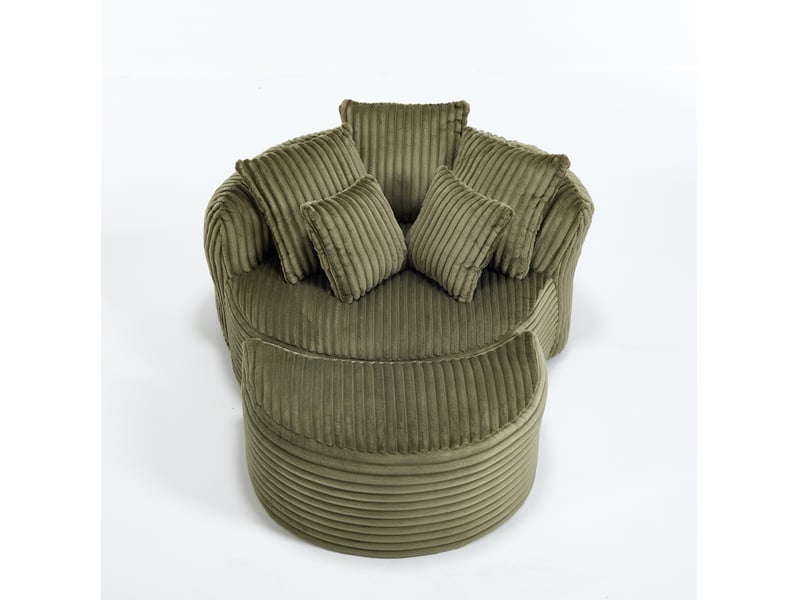  Fauteuil relax rond avec repose-pieds en velours côtelé vert émeraude, 5 coussins pour vos moments de détente  - Conforama A