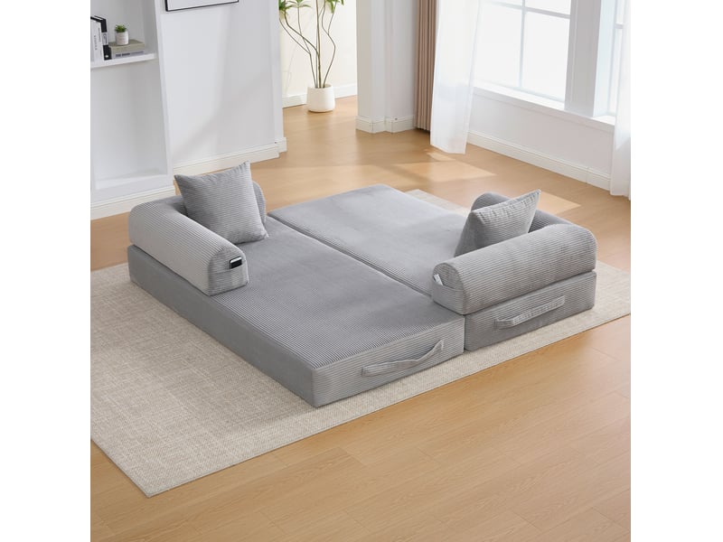 Canapé modulaire avec poches latérales et 3 coussins, structure en métal, en velours côtelé gris clair - Conforama C