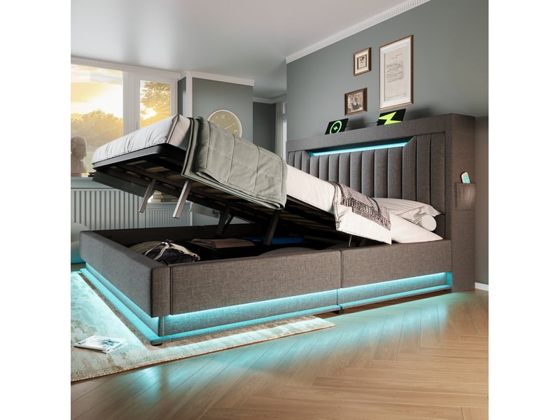  Lit coffre 140 x 200 cm gris en lin avec matelas, led, usb et usb-c  - Conforama D