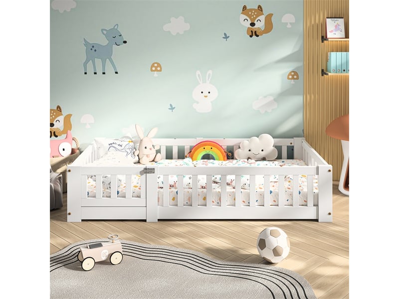  Lit 90x190cm - lit enfant 90x190cm - lit cabane au sol avec barrières de sécurité et sommier à lattes - blanc  - Conforama B