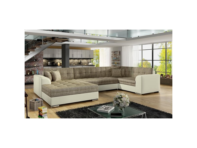  Canapé panoramique convertible caldero 5 places beige et crème – angle gauche  - Conforama E