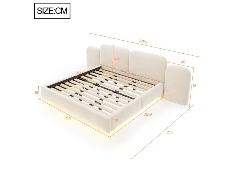 Lit double rembourré 180 × 200 cm en velours beige avec coffre hydraulique, éclairage led rgb, ports usb et type-c, tête de lit rembourrée et sommier à lattes  - Conforama E