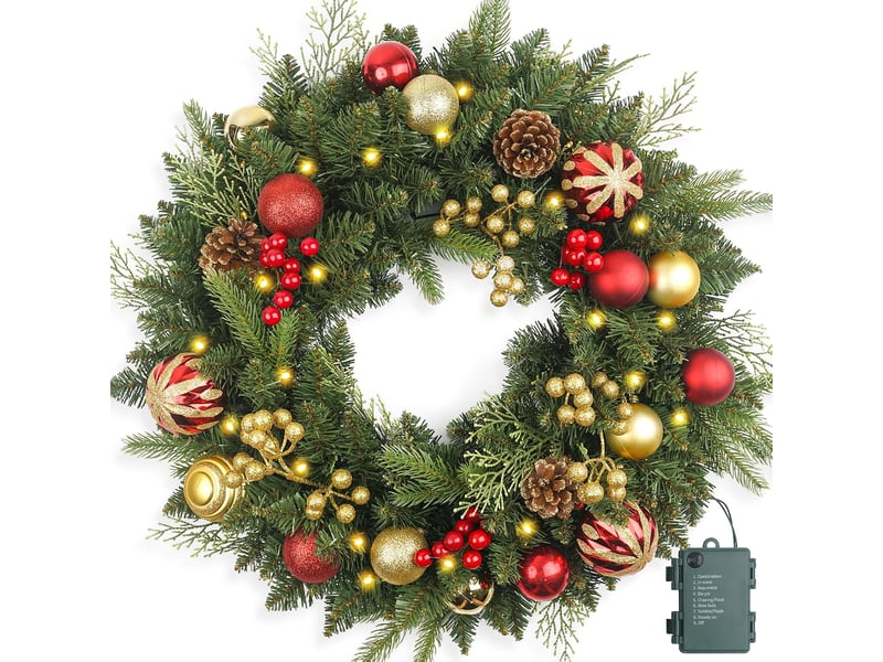 Couronne de noël pré-éclairée 50cm pour porte d'entrée – led blanc chaud, boules, aiguilles de pin et baies rouges - Conforama A