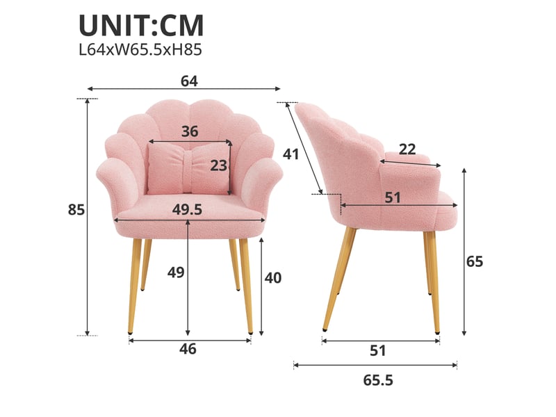  Fauteuil rembourré avec dossier en pétales et accoudoirs, coussin inclus et pieds dorés en tissu bouclette rose  - Conforama C