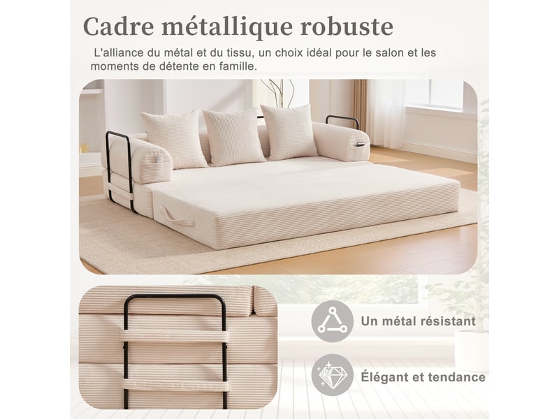 Canapé modulaire avec poche latérale et 3 coussins, structure métallique, velours côtelé beige, 200 × 94 × 67 cm - Conforama E