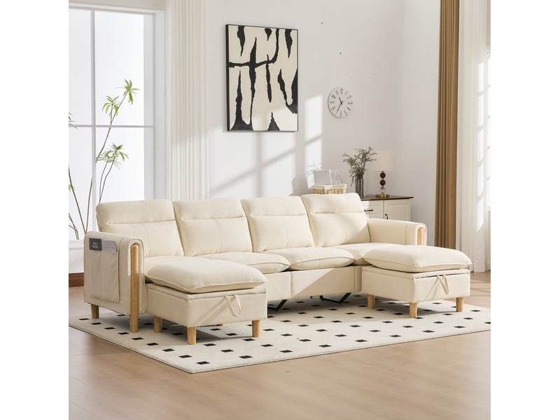  Canapé modulable 4 places beige en tissu avec 2 poufs de rangement, 261 cm, pour un salon familial organisé  - Conforama B