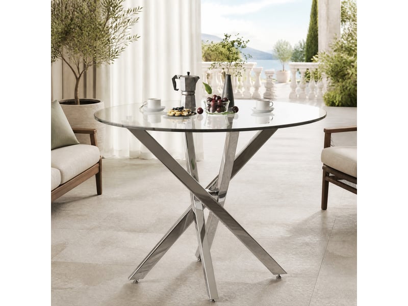  Table à manger ronde 80 x 80 x 75 cm en verre trempé, pieds croisés en métal argenté  - Conforama B