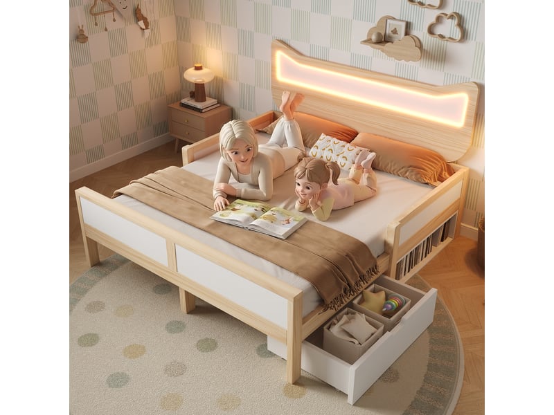  Lit en bois avec tête de chat et éclairage rgb blanc et chêne 140x200 cm  - Conforama D