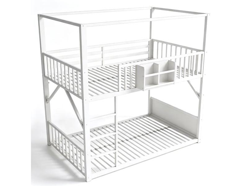 Lit superposé enfant 90x200 cm - 2 couchages - structure métal avec toit - barrière de sécurité - rangement - blanc  - Conforama R