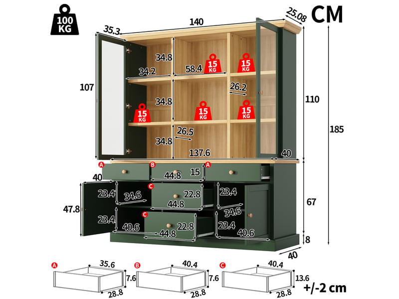  Buffet haut avec portes vitrées et 5 tiroirs, 140x40x185 cm, vert  - Conforama E