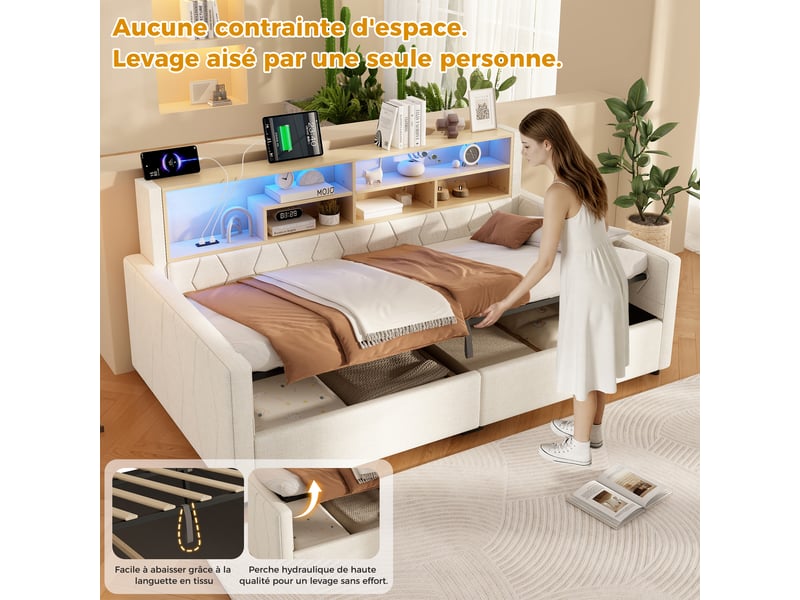  Canapé-lit coffre 140 x 200 cm - avec prise électrique - avec port usb - avec bande lumineuse led - tissu velours - beige (matelas non inclus)  - Conforama E
