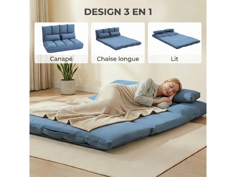  Chauffeuse matelas d'appoint pliant convertible - 2 coussins inclus, bleu - inclinaison dossier réglable 14 positions  - Conforama E