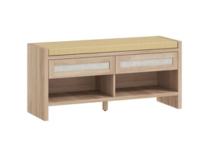 Banc chaussures entrée, banc de rangement, assise rembourrée en lin, chêne, 2 tiroirs en rotin et étagère ouverte