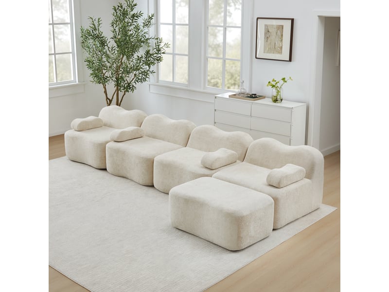 Canapé d'angle modulable 4 places en velours beige, structure sans dossier avec ottoman intégré et coussins mobiles - Conforama B