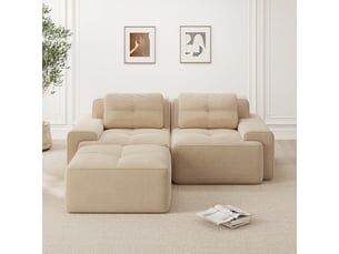 Canapé modulable en l, assise profonde en velours côtelé beige, avec pouf, convertible 2 places