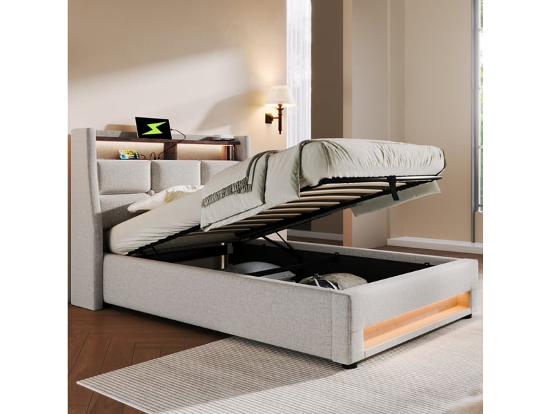  Lit coffre 1 place 90 x 200 cm beige clair avec led et ports usb  - Conforama C