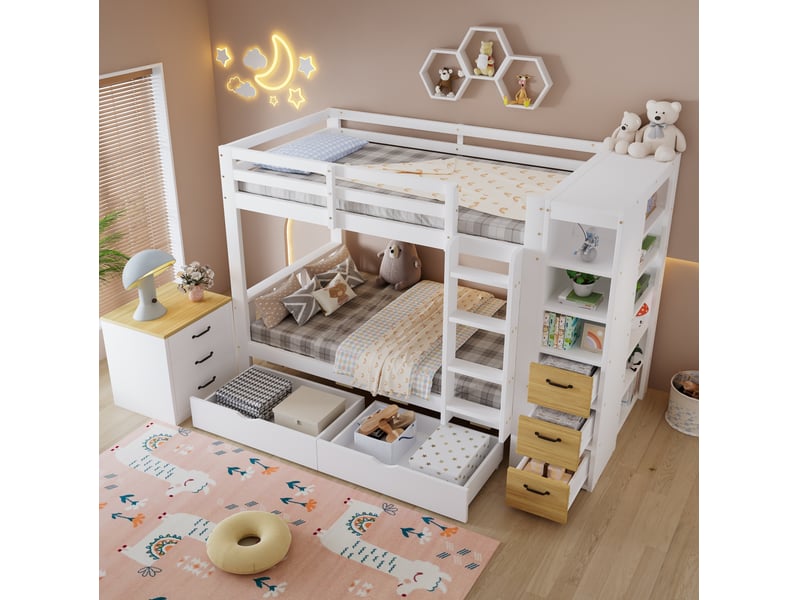  Lit superposé 90x200 cm avec rangements en bois et mdf couleur blanc et naturel sans matelas, design moderne  - Conforama D