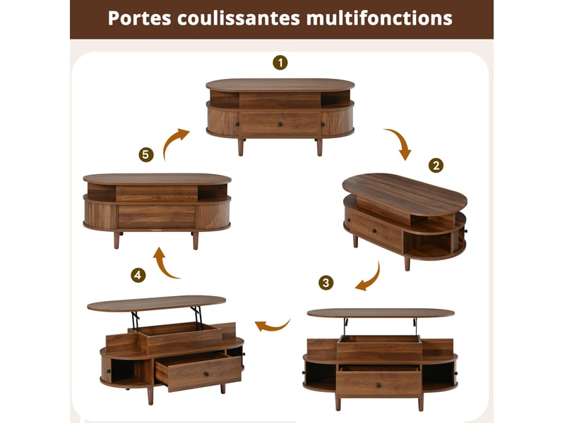  Table basse relevable avec tiroir, 2 portes coulissantes et étagères, pour salon, en mdf noyer, 105 × 50 × 60,5 cm  - Conforama E