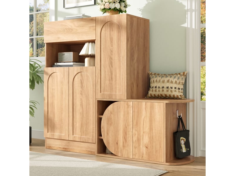  Meuble à chaussures avec banc assis, 5 portes et 1 tiroir, design arc moderne, mdf couleur nature, 130x35x110.5 cm  - Conforama D