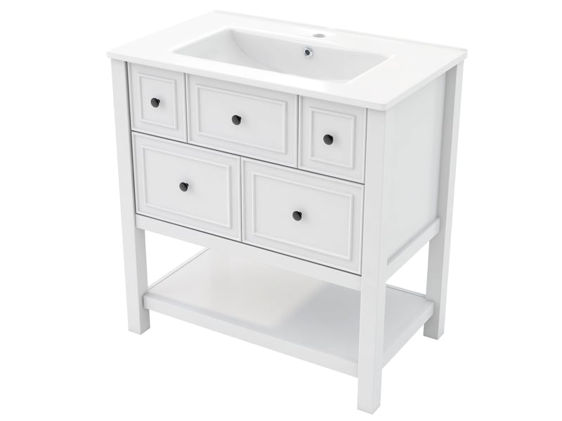  Meuble vasque salle de bain blanc 76 cm avec lavabo céramique intégré, 5 tiroirs et étagères ouvertes  - Conforama D