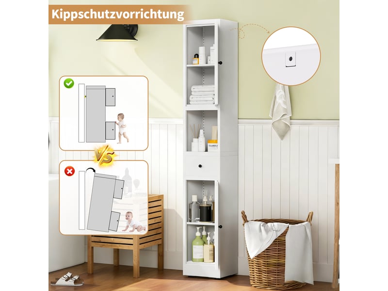  Armoire de salle de bain étroite en métal blanc, 5 niveaux, 2 portes, 180 × 30 × 30 cm  - Conforama W
