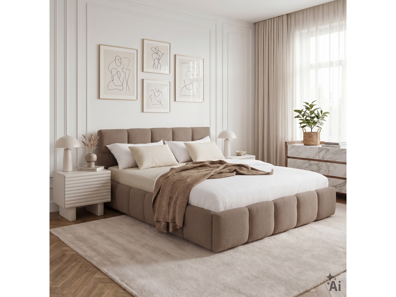 Lit double cloudy rembourré 160 x 200 cm avec sommier - grège - Conforama B