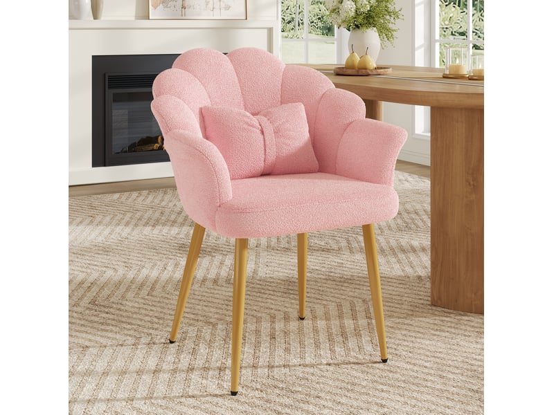  Fauteuil 1 place 64x65,5x85 cm, dossier pétale, coussin, accoudoirs, pieds en fer doré, tissu bouclette rose  - Conforama B