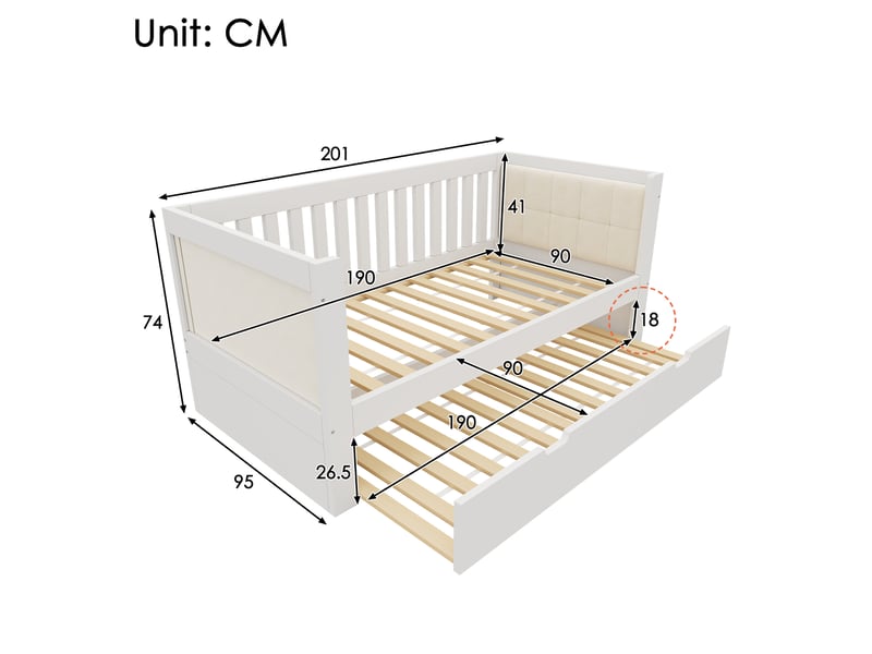  Modenvie lit gigogne 90x190 cm - en bois massif, avec dossier rembourré, sans matelas - blanc  - Conforama C